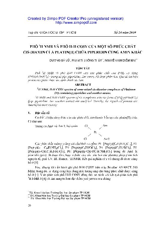 Phổ 1h nmr và phổ h-h cosy của một số phức chất cis-diamin của platin(ii) chứa piperidin cùng amin khác