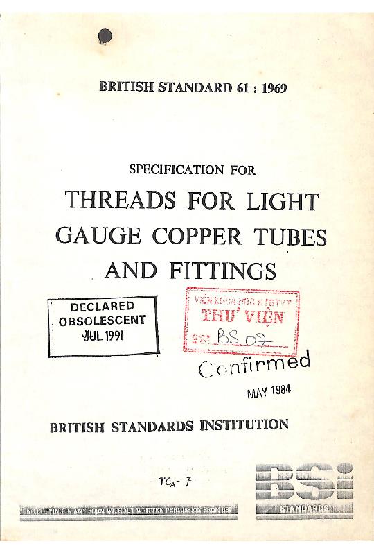 Specification for  Threads for light gauge copper tubes and fittings